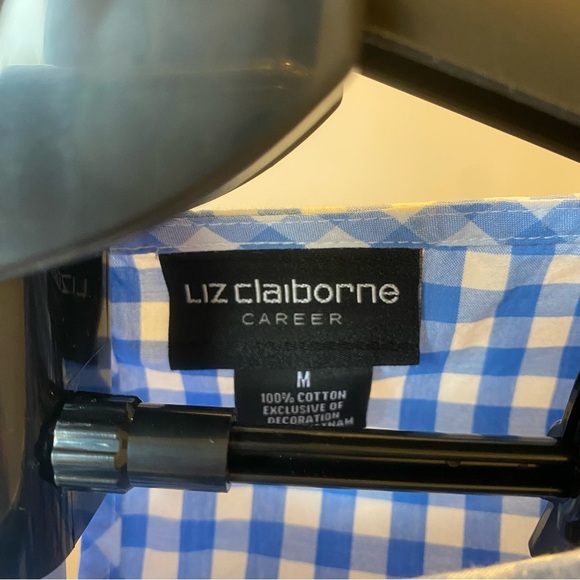 Liz Claiborne Blue Gingham Top with Lace Sleeves M - Picture 2 of 4